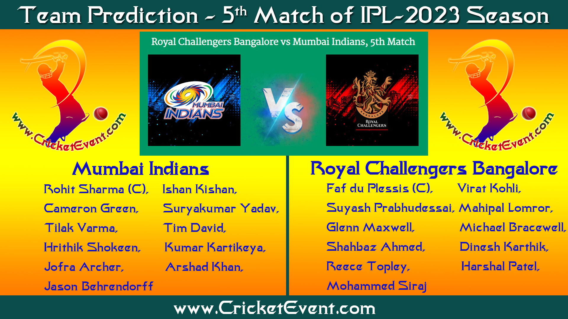 Winning Team Prediction of 5th Match of IPL-2023 Season | Mumbai Indians (MI) vs Royal Challengers Bangalore (RCB) | CricketEvent.com